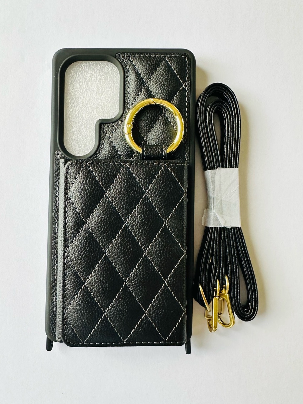 Samsung Galaxy S24 Ultra Black Quilted Leather Cardholder Crossbody Phone Case